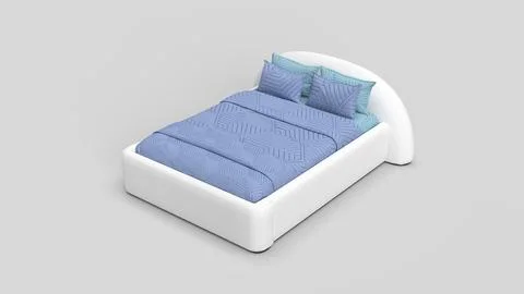 White bed with blue bedspread on white backdrop on left side Stock Illustration
