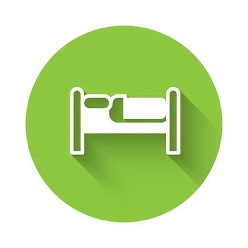 White Bed icon isolated with long shadow background. Green circle button. V.. Stock Illustration