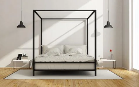 White bedroom with  canopy bed Illustrazione stock