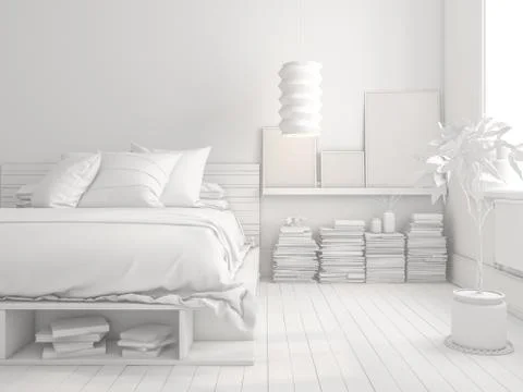White Bedroom interior design 3D rendering Stock Illustration