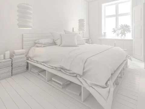 White Bedroom interior design 3D rendering Stock Illustration