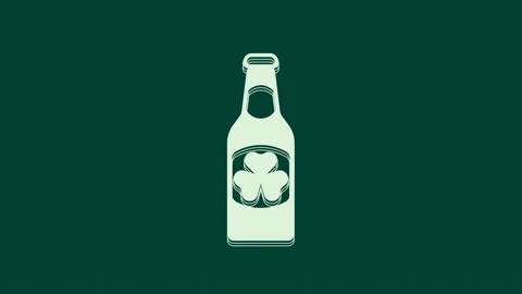 White Beer bottle with clover trefoil leaf icon isolated on green background Stock Footage 236029003