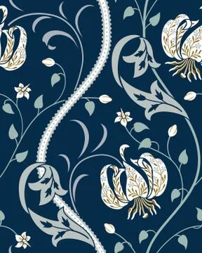 White big lily seamless pattern on dark blue background. Vector illustration. Stock Illustration