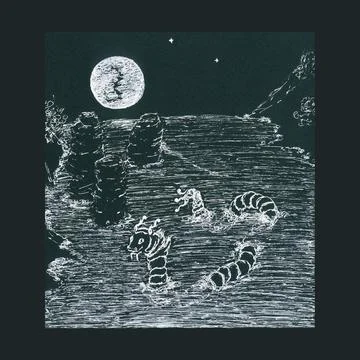 White Big Snake on a black background floats across the ocean among the rocks Stock Illustration