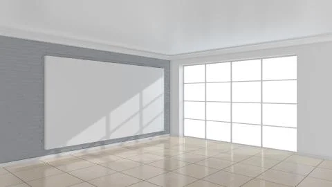White billboard on the brick wall. White interior, bright room. 3d rendering Stock-Illustration