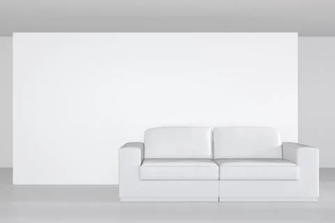 White billboard of empty canvas on the room and modern sofa. 3d rendering Stockillustratie