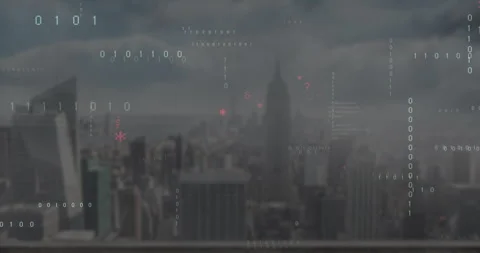 White binary clusters appearing over skyline initiating floating code Stock Footage 312827593