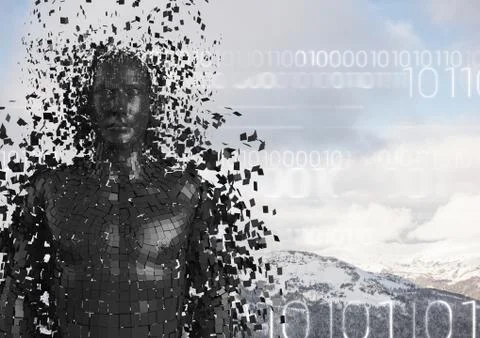 White binary code against black male AI and snowy mountain tops Stock Illustration