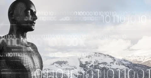 White binary code against black male AI and snowy mountain tops イラスト素材