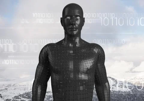 White binary code against black male AI and snowy mountain tops Illustrazione stock