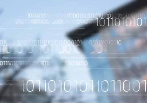 White binary code against blurry building Stock Illustration