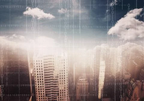 White binary code against blurry skyline with clouds Stock Illustration