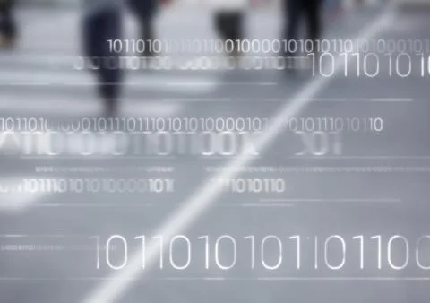 White binary code against blurry road with people Stock Illustration