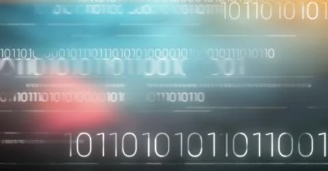 White binary code against blurry blue and red background Illustrazione stock