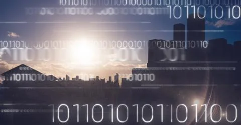 White binary code against dark skyline Stock Illustration