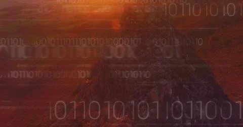 White binary code against mountain rock in sunset 스톡 일러스트
