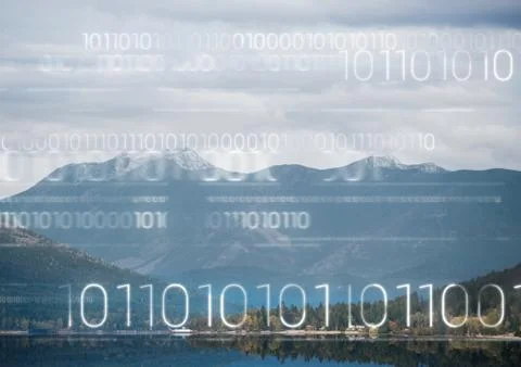 White binary code against mountain and water Stock Photos
