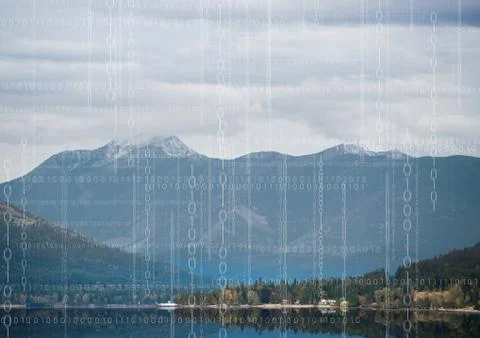 White binary code against mountain and water Stock Photos