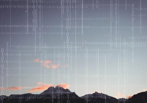 White binary code against mountain tops and sky Stock Photos
