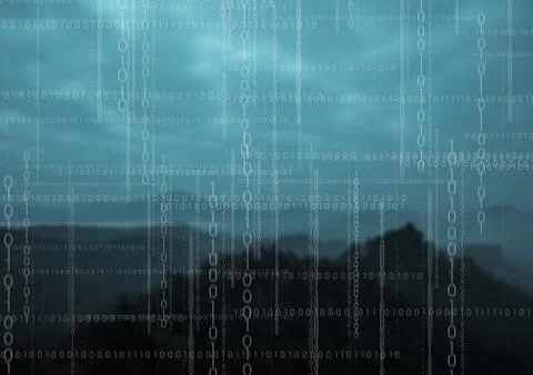 White binary code against mountains at night 스톡 일러스트