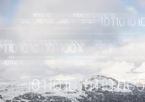 White binary code against snowy mountain tops Stock Photos