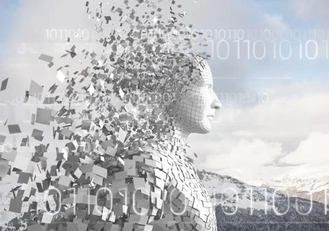 White binary code against white male AI and snowy mountain tops Stock Illustration