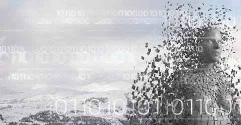 White binary code against white female AI and snowy mountain tops Stock Illustration