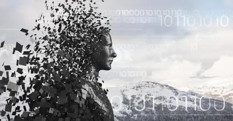 White binary code and black male AI against snowy mountain tops Illustrazione stock