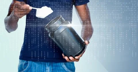 White binary code and flare over man taking supplement against blue background Stock Photos