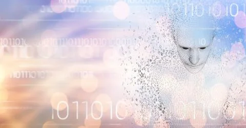 White binary code and man shaped binary code against blue orange bokeh Stock Illustration