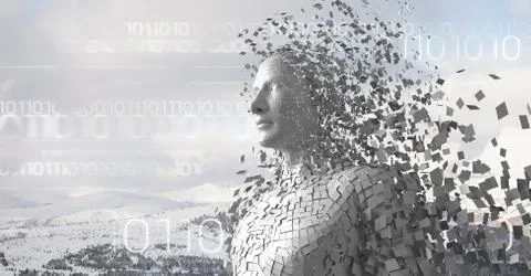 White binary code and white male AI against snowy mountain tops Stock Illustration