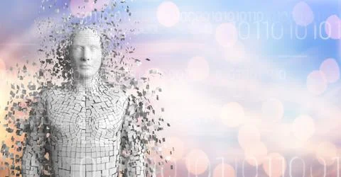 White binary code and white male AI against blue orange bokeh Stock Illustration