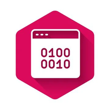 White Binary code icon isolated with long shadow background. Pink hexagon button Stock Illustration