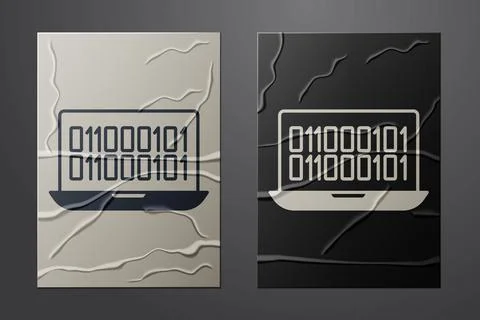 White Binary code icon isolated on crumpled paper background. Paper art style Stock Illustration