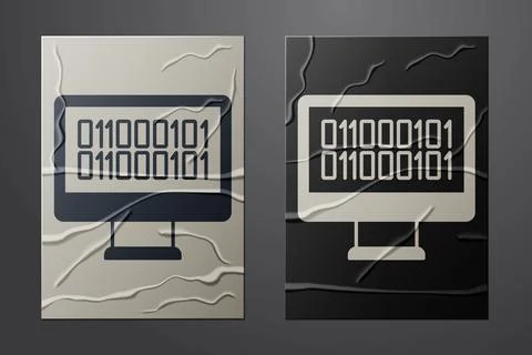 White Binary code icon isolated on crumpled paper background. Paper art style Stock Illustration