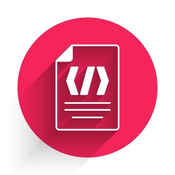 White Binary code icon isolated with long shadow background. Red circle button Stock Illustration