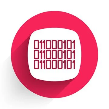 White Binary code icon isolated with long shadow background. Red circle button Stock Illustration