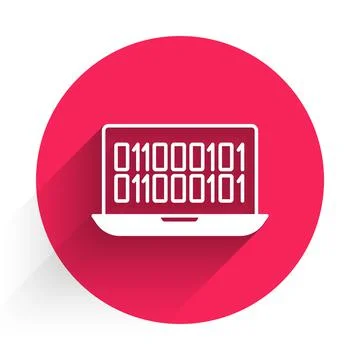 White Binary code icon isolated with long shadow background. Red circle button Stock Illustration