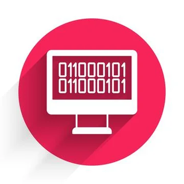 White Binary code icon isolated with long shadow background. Red circle button Stock Illustration