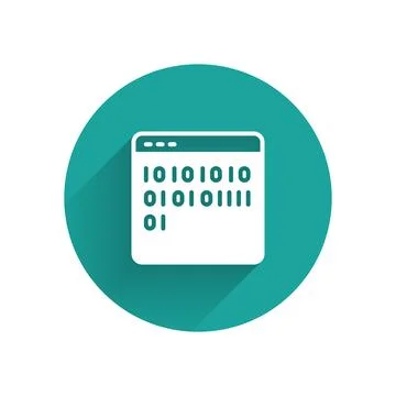 White Binary code icon isolated with long shadow. Green circle button. Vector Stock Illustration