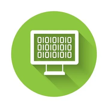 White Binary code icon isolated with long shadow background. Green circle button Stock Illustration