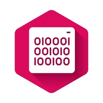 White Binary code icon isolated with long shadow background. Pink hexagon b.. Stock Illustration