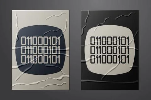 White Binary code icon isolated on crumpled paper background. Paper art sty.. Stock Illustration