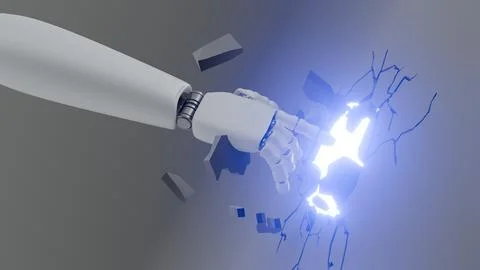 A White Bionic Arm Emerging from a Shattered Surface Illustrazione stock