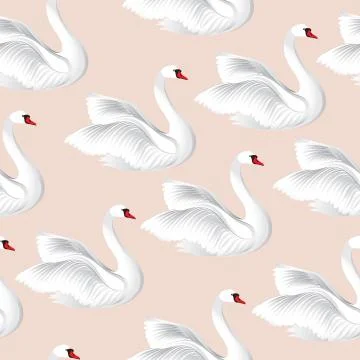 White birds seamless pattern. Wildlife background. Swimming swans tile orname Stock Illustration