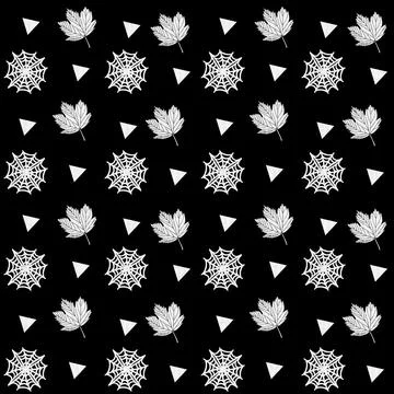 White on a black background seamless  pattern with leaves, triangle and cobwebs  Stock Illustration