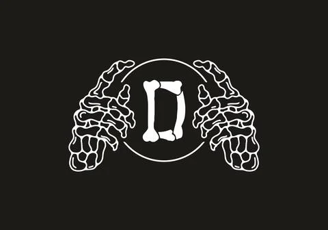 White black color of skeleton D initial letter with hand Illustrazione stock