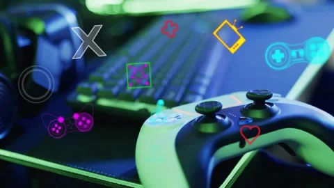 White black controller resting with glowing game icons appearing drifting right Stock Footage 335465539