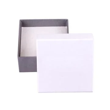 White with black gift box open and isolated on white background Stock Photos