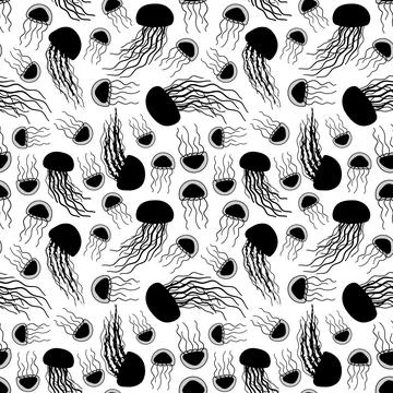 White black Seamless endless repeat silhouette pattern of outline vector dood Stock Illustration